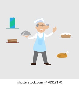 the chef and set of food. chicken, cake, juice. vector illustration of cartoon