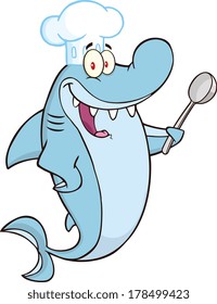 Chef Shark Cartoon Character With Big Spoon. Vector Illustration Isolated on white