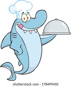 Chef Shark Cartoon Character Holding A Platter. Vector Illustration Isolated on white