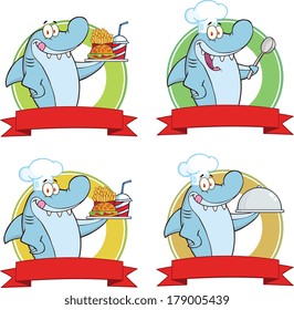 Chef Shark Cartoon Labels. Set Vector Collection