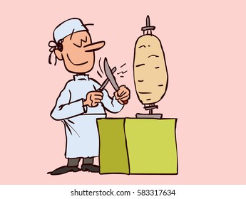 Chef sharpening the knife to cut the kebab that we see right next to him, with calm and professional expression