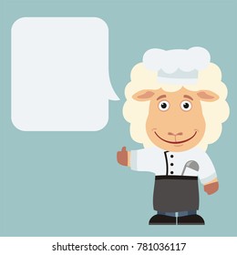 Chef sheep with speech bubble in cartoon style. Smiling cook says and shows like.