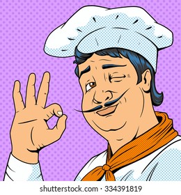 Chef show okay sign pop art retro old style vector illustration. Comic book style imitation