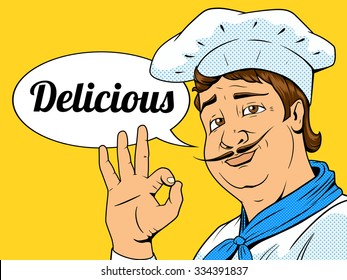 Chef show okay sign pop art retro old style vector illustration. Comic book style imitation