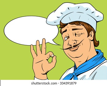 Chef show okay sign pop art retro old style vector illustration. Comic book style imitation