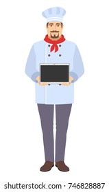 Chef showing blank digital tablet PC. Full length portrait of Chef in a flat style. Vector illustration.
