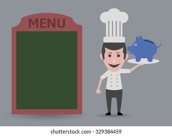 chef showing economic menu, low-cost food