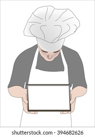 Chef showing empty a tablet with a place for an inscription