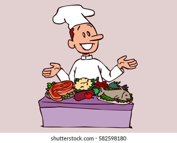 Chef showing the fresh and top quality ingredients in front of you, at a table