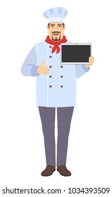 Chef showing thumb up and showing blank digital tablet PC. Full length portrait of Chef in a flat style. Vector illustration.