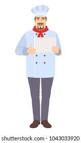 Chef showing thumb up showing the blank paper. Full length portrait of Chef in a flat style. Vector illustration.