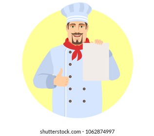 Chef  showing thumb up and showing the blank paper. Portrait of Chef in a flat style. Vector illustration.