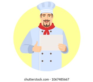 Chef showing thumb up showing the blank paper. Portrait of Chef in a flat style. Vector illustration. 