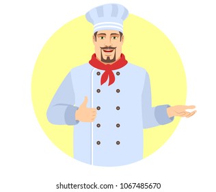 Chef showing thumb up and gesticulating. Portrait of Chef in a flat style. Vector illustration. 