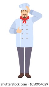 Chef  showing thumb up and grabbed his head. Full length portrait of Chef in a flat style. Vector illustration.