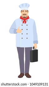 Chef showing thumb up  and holding briefcase. Full length portrait of Chef in a flat style. Vector illustration.