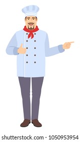 Chef  showing thumb up and pointing somewhere. Full length portrait of Chef in a flat style. Vector illustration.