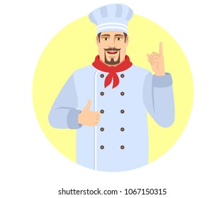Chef showing thumb up and pointing up. Portrait of Chef in a flat style. Vector illustration. 