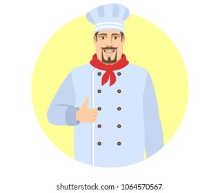 Chef  showing thumb up. Portrait of Chef in a flat style. Vector illustration. 