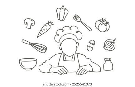 Chef é mostrado com uma variedade de utensílios de cozinha e ingredientes, incluindo cenouras, tomates e cebolas. Ilustração de vetor desenhada à mão. Preto e branco.