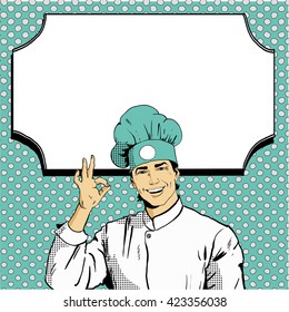 Chef shows OK sign with blank board behind. Vector illustration in retro comic pop art style. Restaurant business concept.