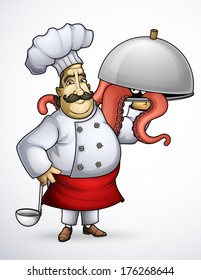 Chef with signature dishes of tentacles