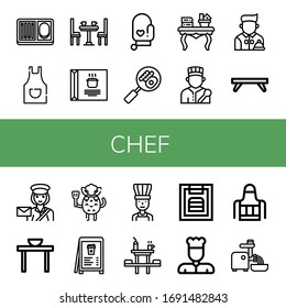 chef simple icons set. Contains such icons as Meal, Apron, Dinner table, Soup, Oven mitt, Buffet, Coffee table, Chef, Waiter, Breakfast tray, can be used for web, mobile and logo
