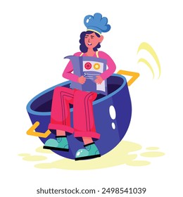 Chef sitting on pot while holding cookbook, flat illustration 