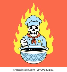 CHEF SKELETON COOKS A DISH CARTOON COLOR BACKGROUND