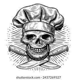 Chef skull and crossed knives. Cooking, food preparation concept. Hand drawn sketch vintage vector illustration 