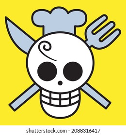 Chef skull head logo complete with knife and fork hat. simple design.