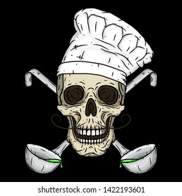 Chef skull. Skull in toque with crossed serving spoon. 