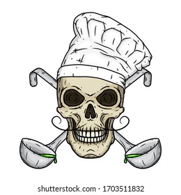 Chef skull. Skull in toque with crossed serving spoon. 