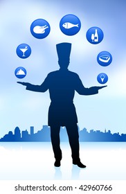Chef with skyline and icons Original Vector Illustration
