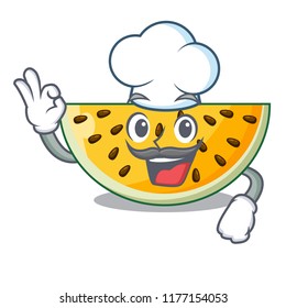 Chef sliced yellow watermelon on character cartoon