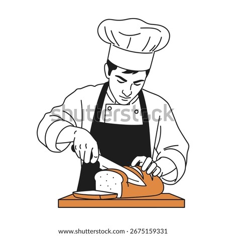 Chef slicing loaf of bread, line art illustration, culinary activity, professional cook, kitchen scene, food preparation, baking, clean minimalist design, cooking concept.