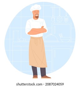 Chef - small business illustrations. Chef of a restaurant crosses arms in a modern kitchen.