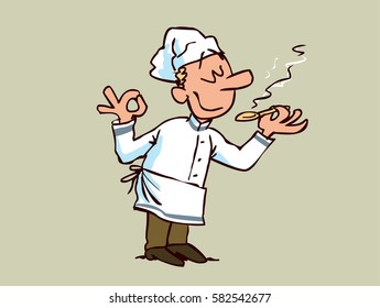 Chef smelling content the bucket while doing the ok gesture