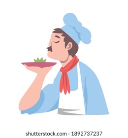 Chef Smelling Delicious Dish, Cook Character in Hat and Apron Cooking in the Kitchen Cartoon Style Vector Illustration