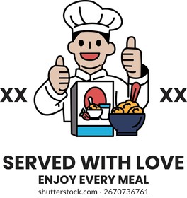 Um chef está sorrindo e dando polegares para uma caixa de comida. A caixa é rotulada "servido com amor" e o chef está segurando uma colher
