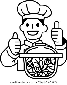 A chef is smiling and giving thumbs up to a pot of food. The food is a salad