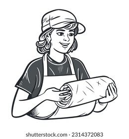 Chef smiling, holding apron, standing in kitchen icon isolated