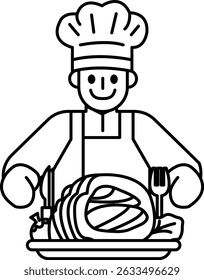 A chef is smiling and holding a knife and fork. He is wearing an apron and a chef hat