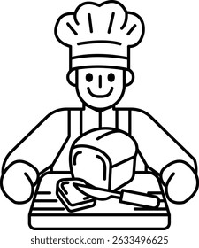 A chef is smiling and holding a knife and a loaf of bread. He is wearing an apron and a chef hat