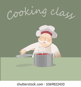 The chef sniffs a fresh dish. Classic old cook, saucepan with hot soup. Cooking class. Cartoon vector character.