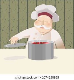 The chef sniffs a fresh dish. Classic old cook, saucepan with hot soup. Cartoon vector character.