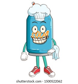 chef of soda can cartoon character bring a napkin with funny smile face