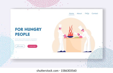 Chef and Sous-Chef Cooking in Restaurant Website Landing Page. Professional Cooks Preparing Food on Kitchen Slicing Vegetables on Table, Burning Pan Web Page Banner. Cartoon Flat Vector Illustration