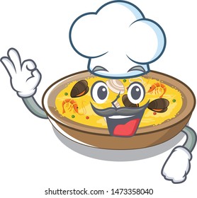 Chef Spanish Paella Cooked In Cartoon Skillet