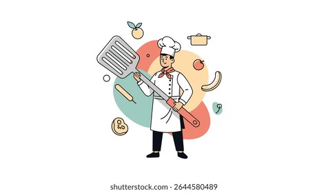 Chef com espátula cercado por itens culinários preparação de alimentos desenho animado ilustração vetor